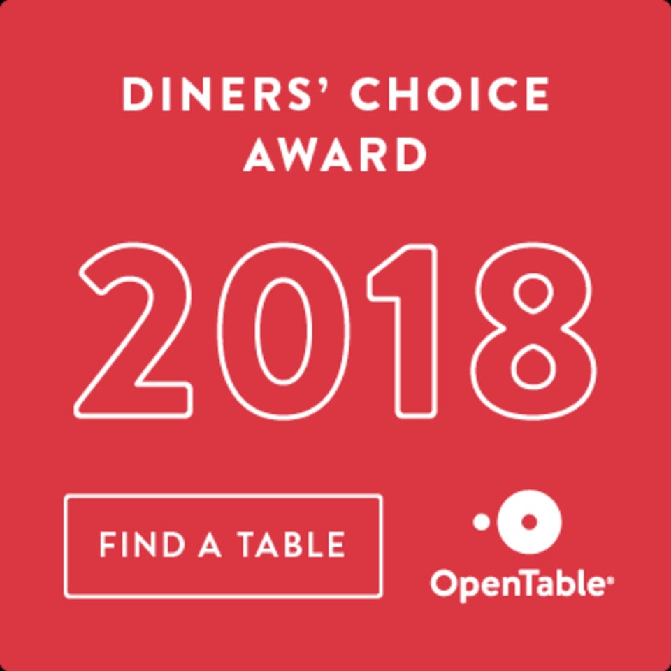 Red graphic with white text: Diners' Choice Award 2018, Find a Table, OpenTable.