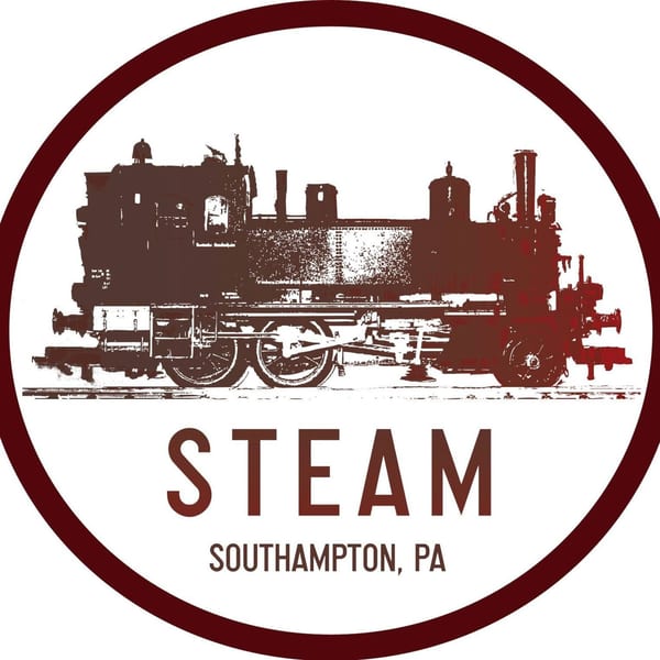Steam Pub logo: a brown steam locomotive inside a brown oval, with "STEAM SOUTHAMPTON, PA" below.