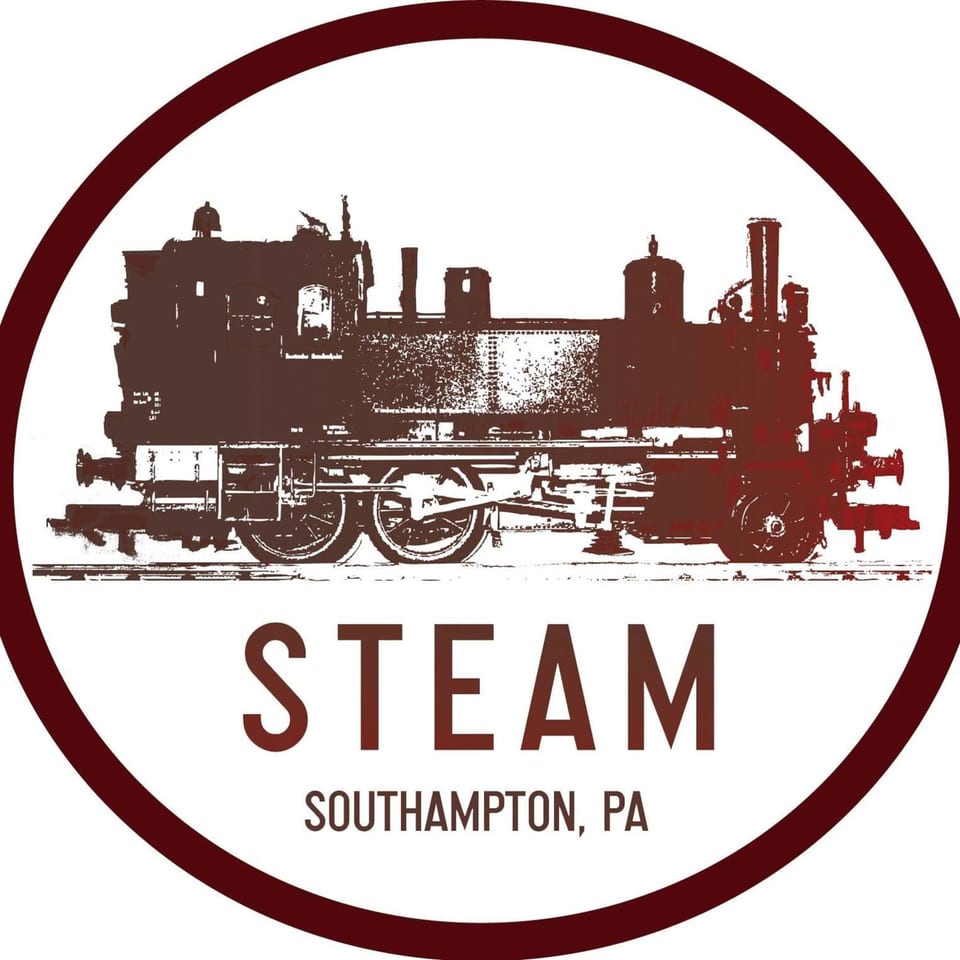 Steam Pub logo: a brown steam locomotive inside a brown oval, with "STEAM SOUTHAMPTON, PA" below.